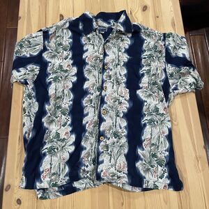 QUE HAWAIIAN SHIRT MENS MEDIUM BLUE CHECK PALM TREES MADE IN USA BUTTON UP